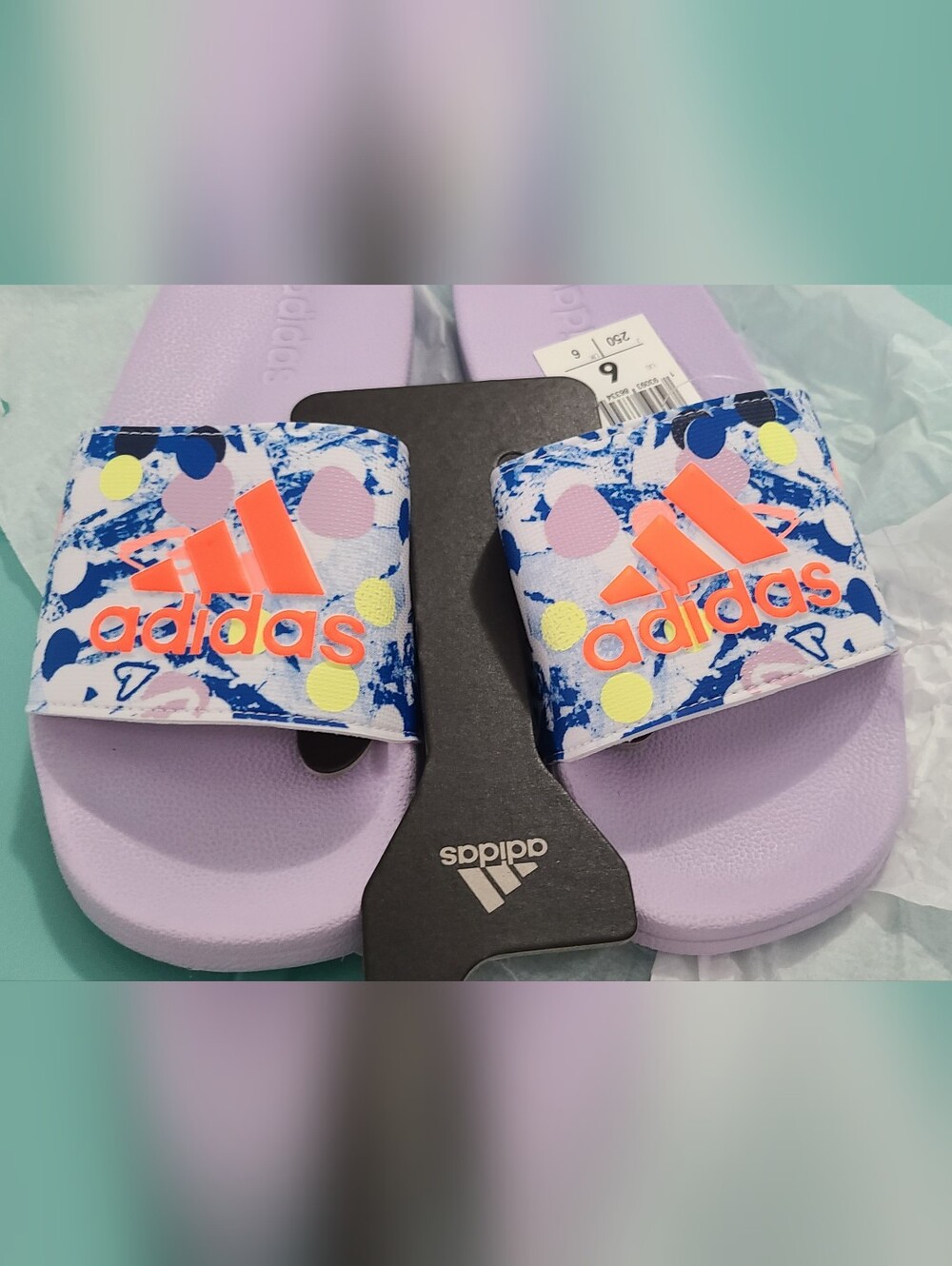 Adidas Big Kids Lilac Slides.. Multicolor Pattern and Neon Orange Logo*Authentic